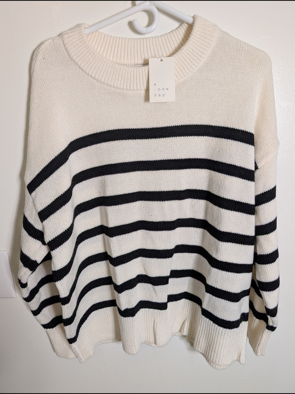 A New Day Women's Cream & Black Striped Crewneck Sweater
